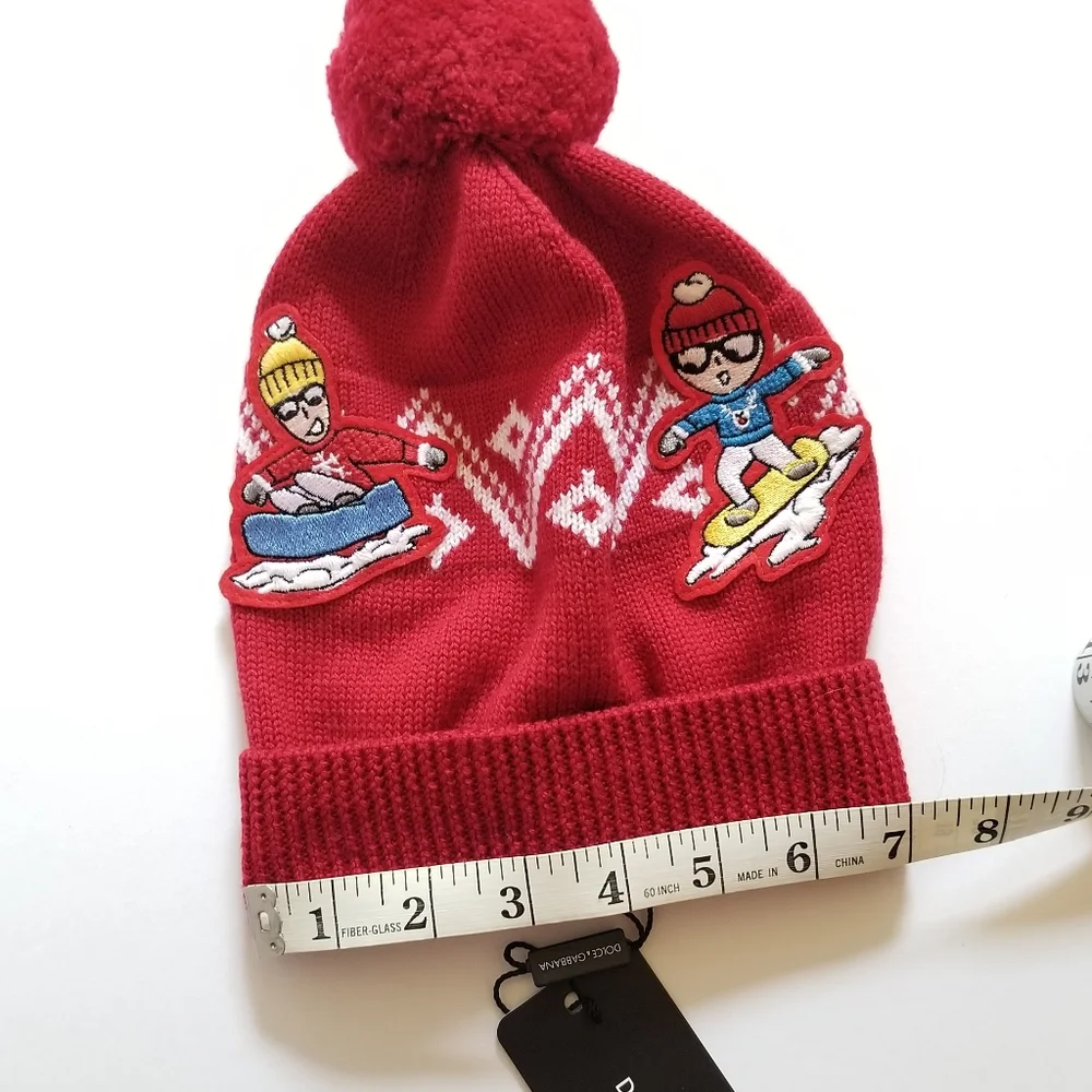 Dolce & Gabbana Kids Knit Wool Applique Pom Pom Beanie Red Size M Medium…